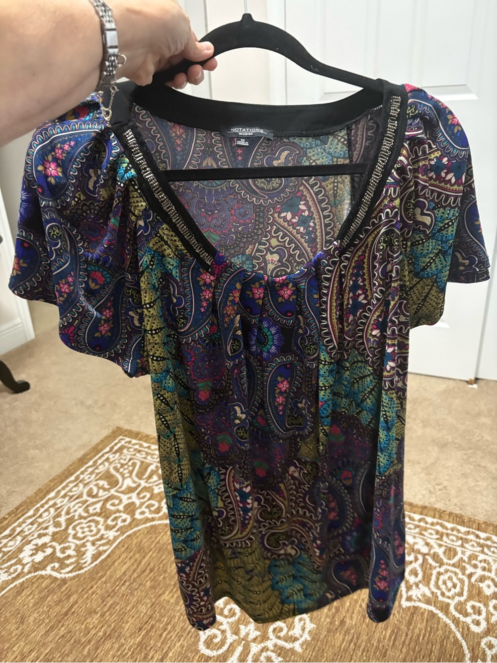 Notations womens plus short sleeve blouse beaded scoop neckline purple black 1X